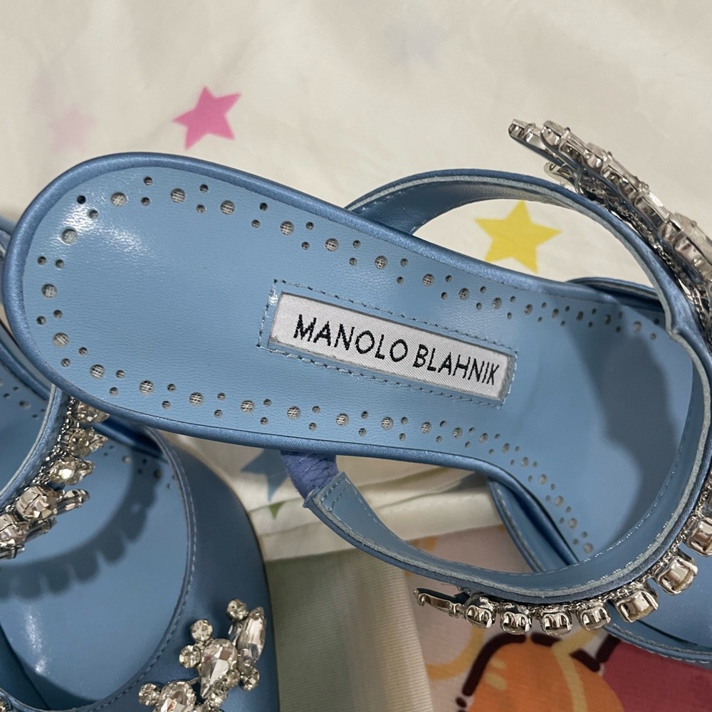 Manolo Blahnik Sky Blue Jeweled Satin Pointed-Toe Mules - Picture 7 of 10
